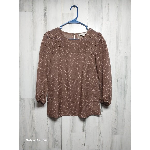 Loft Brown Polka Dot Semi Sheer Long Sleeve Blouse size XS - Picture 1 of 7